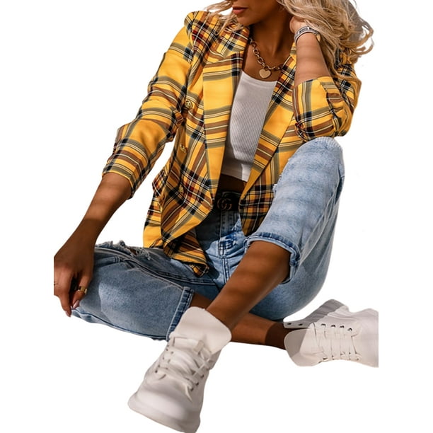 Women /'s Casual Slim Fit Blazer Long Sleeve Plaid Suit Double Breasted Business Jacket Lapel Daily Streetwear Coat